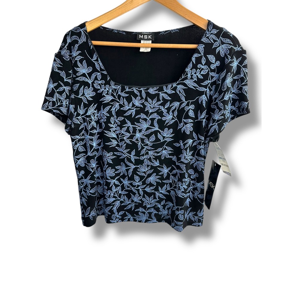 MSK‎ Evening Collection Women Black Blue Floral Glitter Square Neck Top L 32502